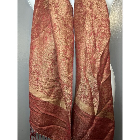 Pashmina Scarf Womens One Size Red Gold Paisley 70% Pashmina 30% Silk Fringe - Picture 2 of 6
